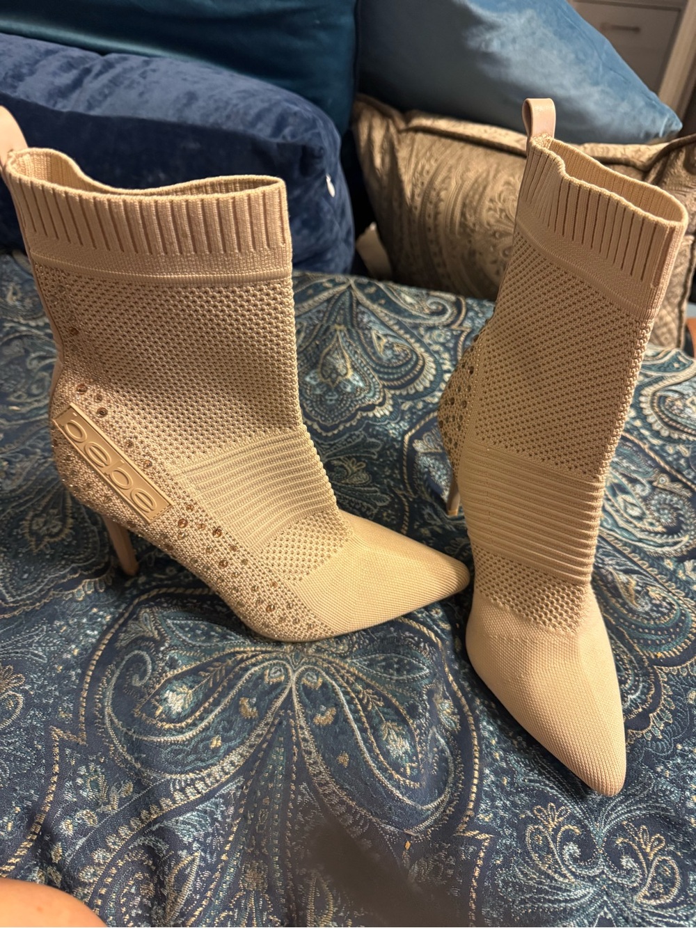 bebe Beige Knit Pointed Sock Booties